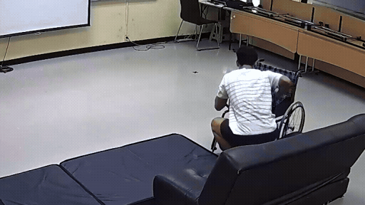 A wheelchair user falling, across multiple camera views